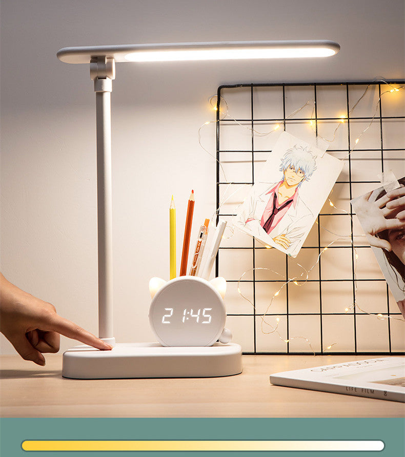 LED Eye Protection Desk Lamp Pen Holder With Clock
