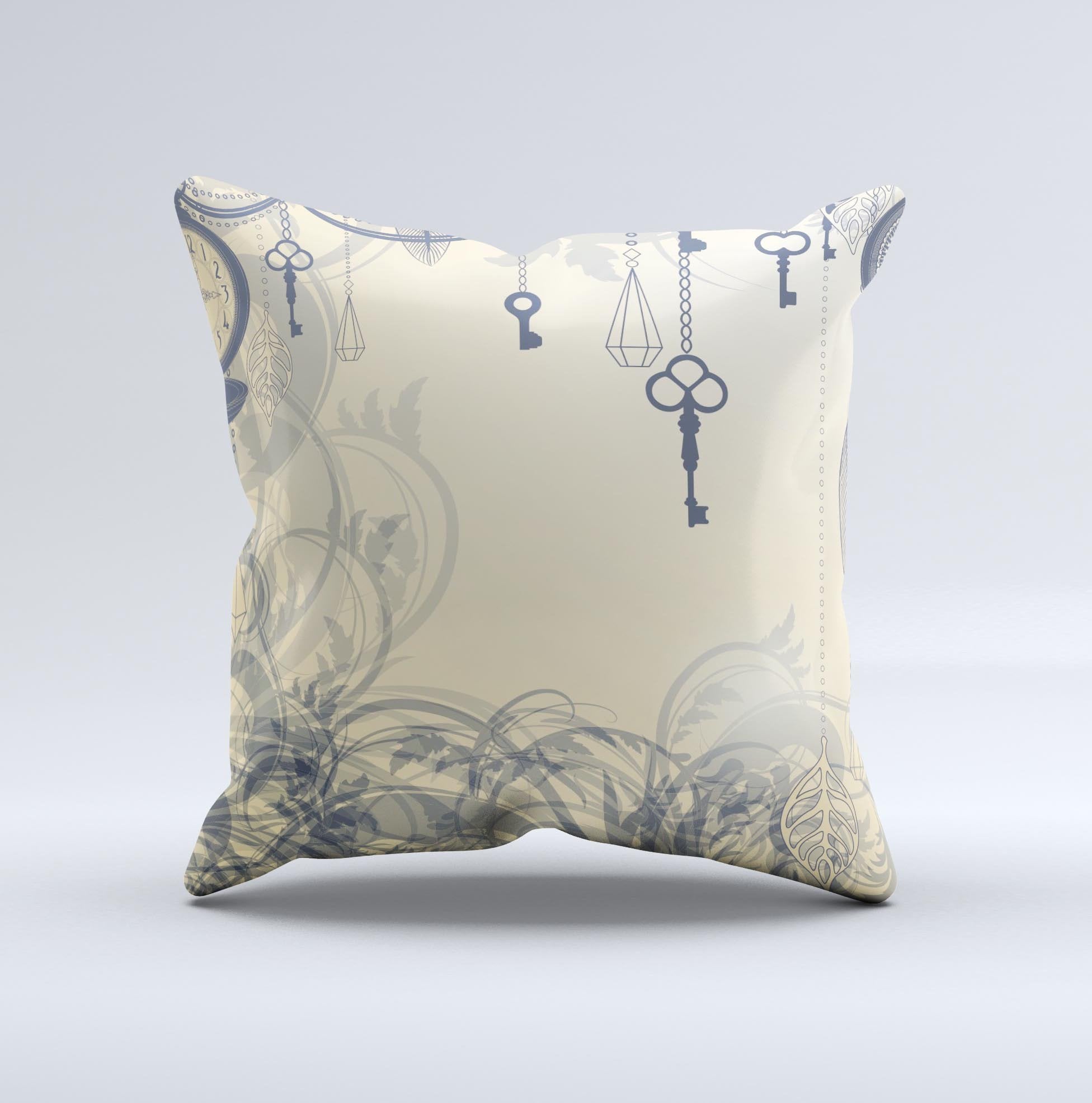 Vintage Hanging Clocks and Keys  Ink-Fuzed Decorative Throw Pillow