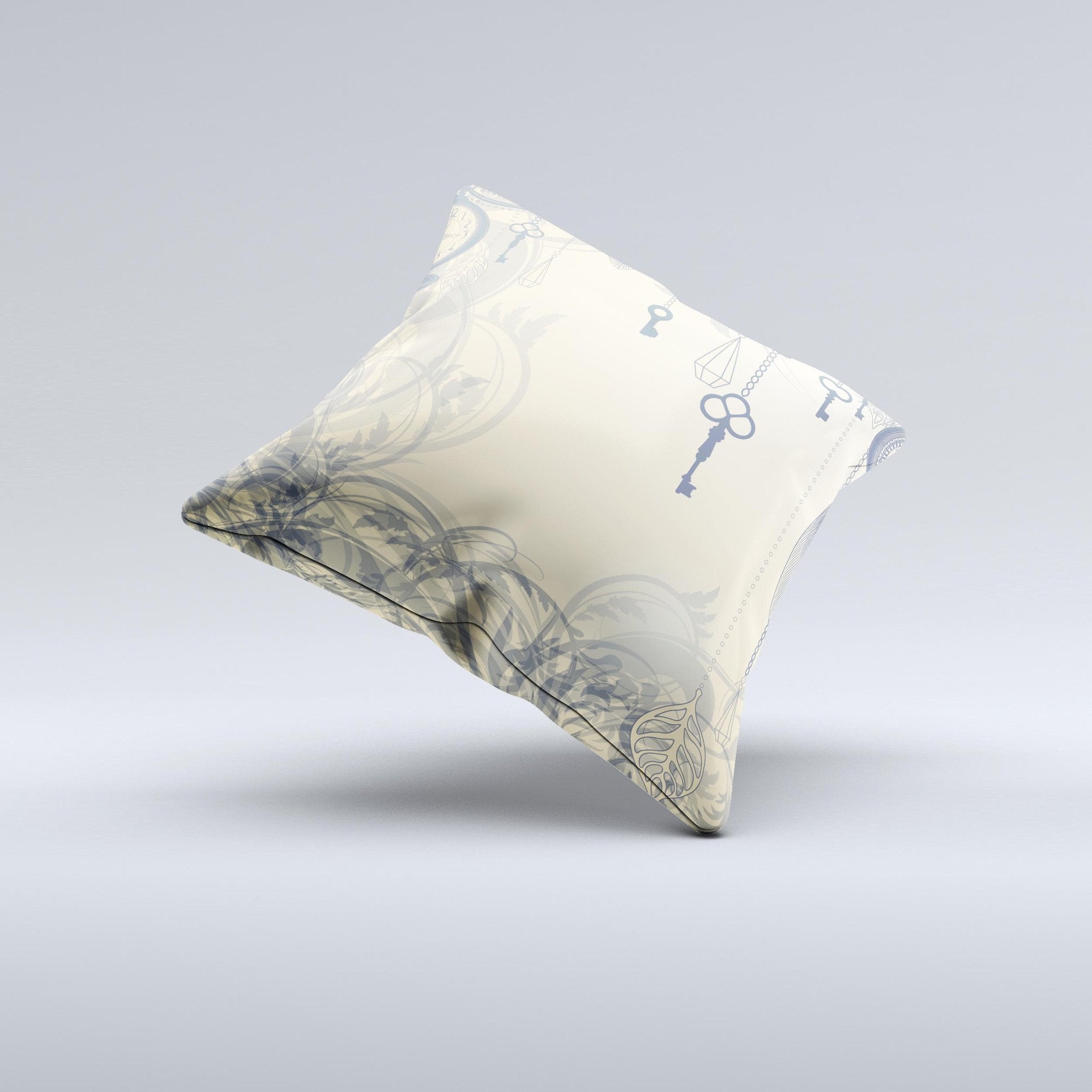 Vintage Hanging Clocks and Keys  Ink-Fuzed Decorative Throw Pillow