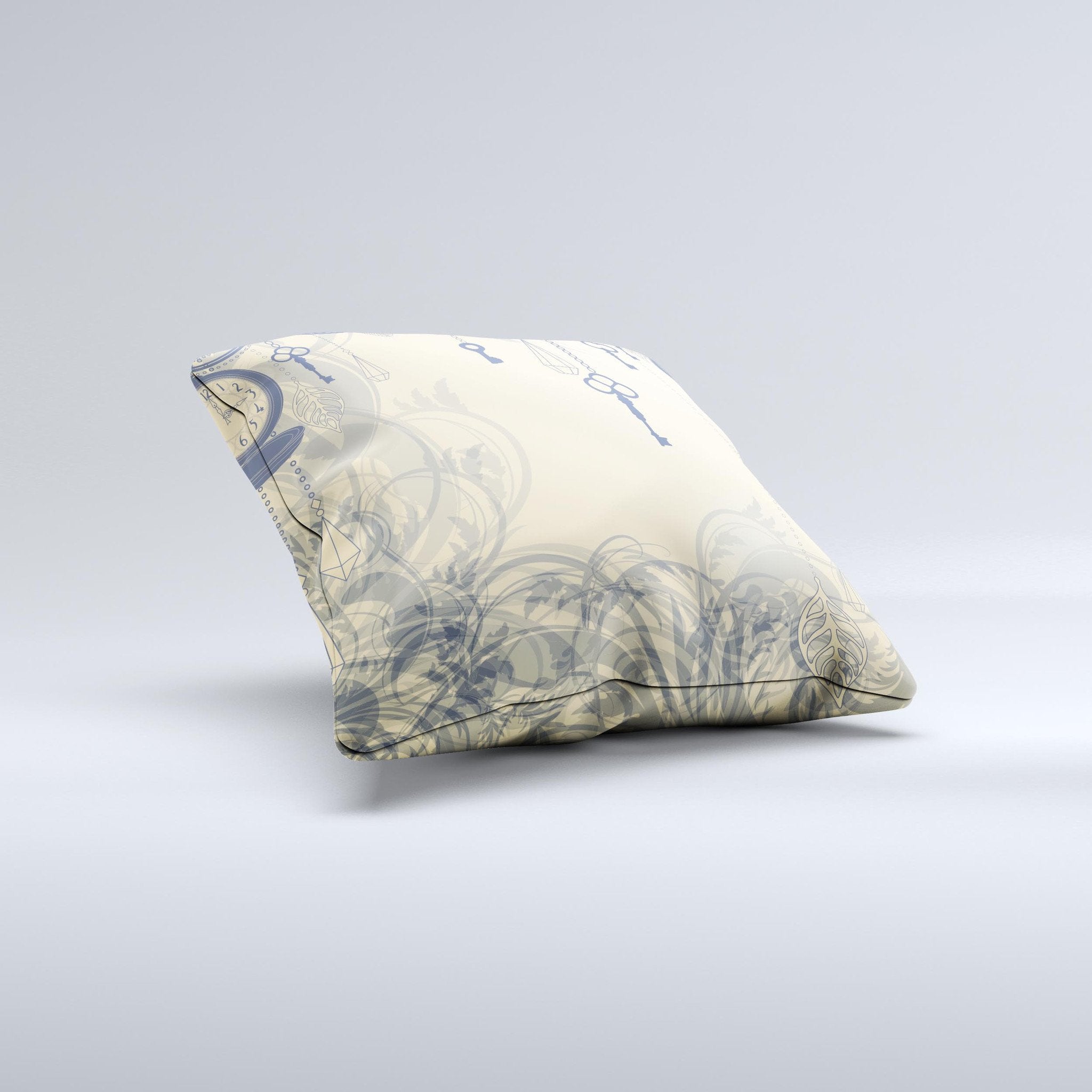 Vintage Hanging Clocks and Keys  Ink-Fuzed Decorative Throw Pillow