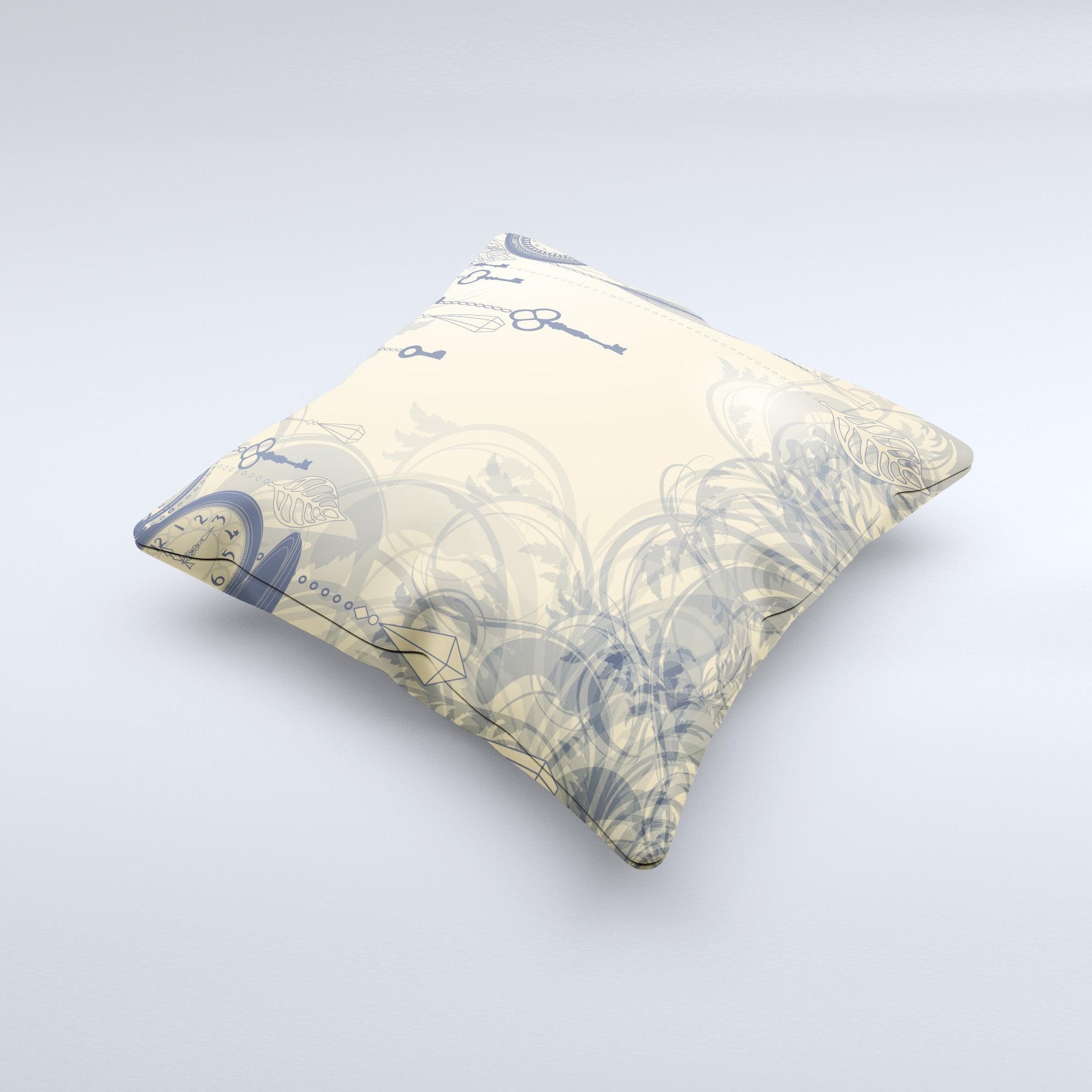Vintage Hanging Clocks and Keys  Ink-Fuzed Decorative Throw Pillow