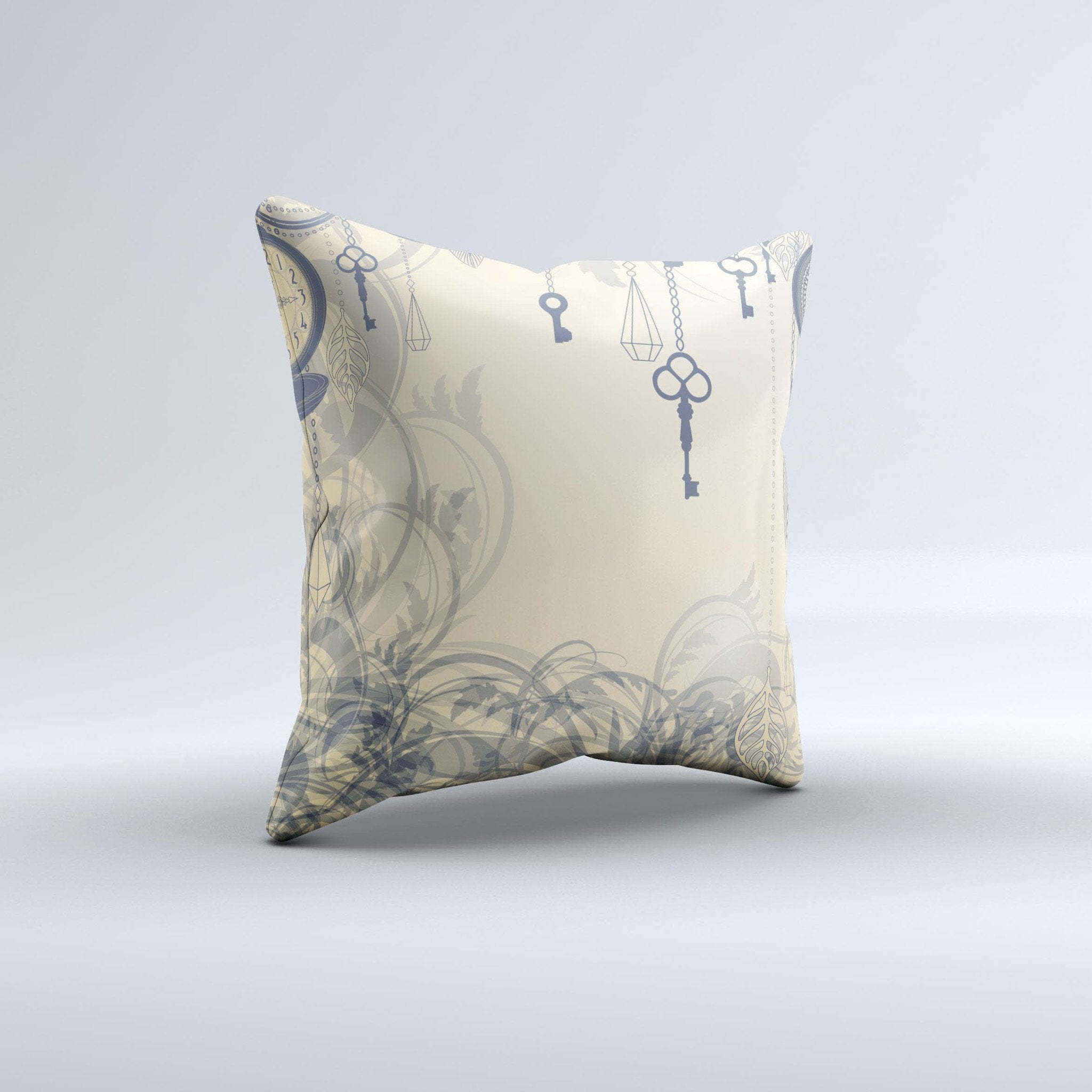 Vintage Hanging Clocks and Keys  Ink-Fuzed Decorative Throw Pillow