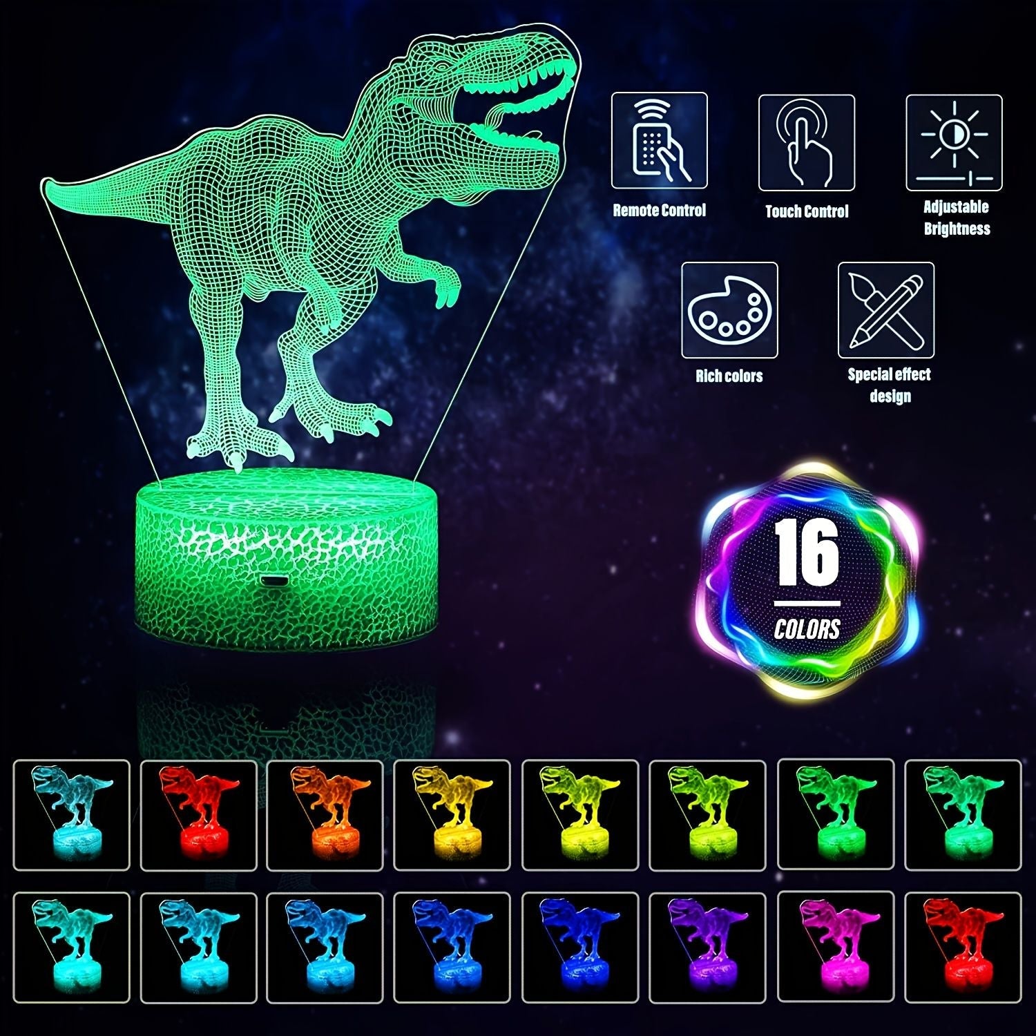 16 Colors Children 3D Illusion Bedside Lamp Remote Control Night Light