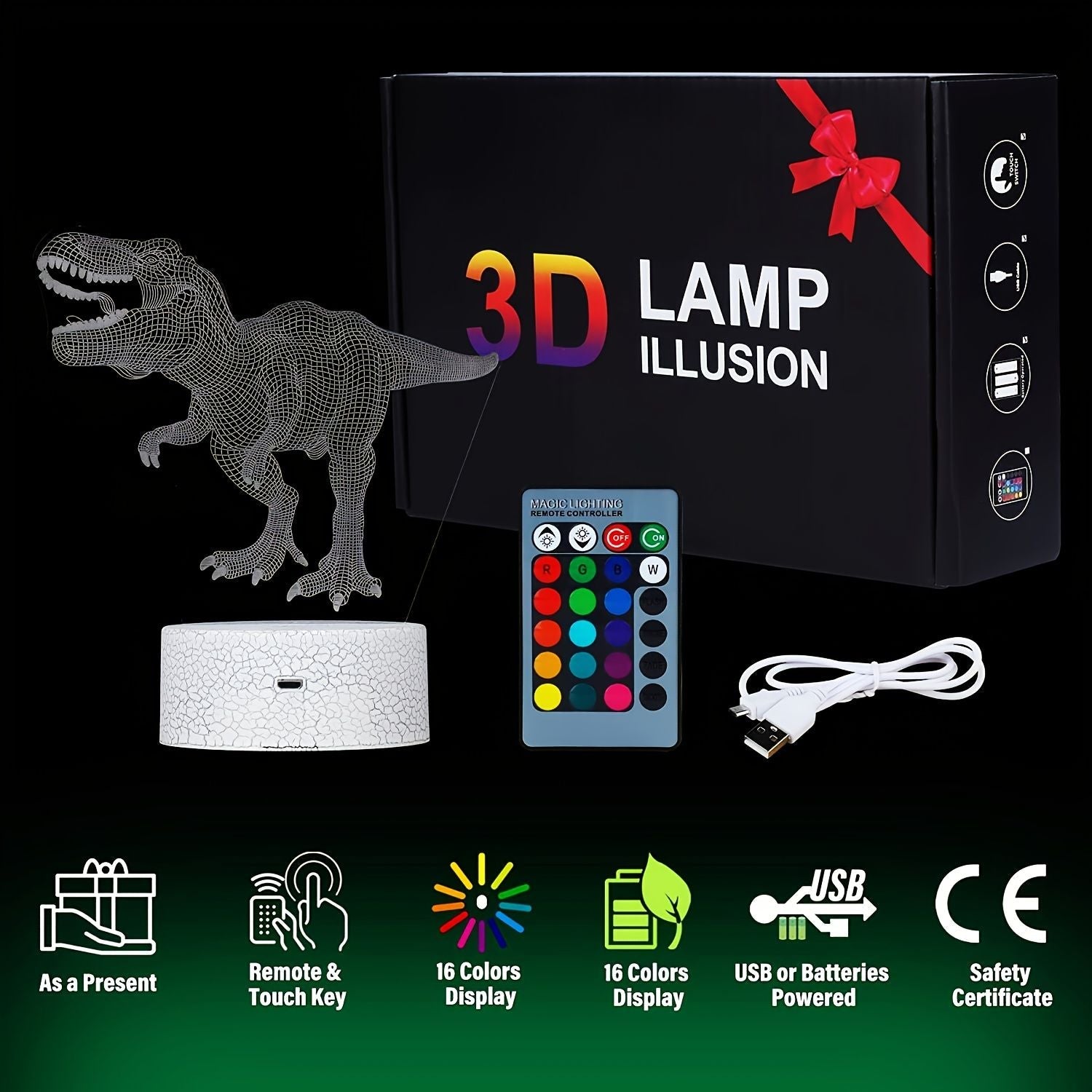 16 Colors Children 3D Illusion Bedside Lamp Remote Control Night Light