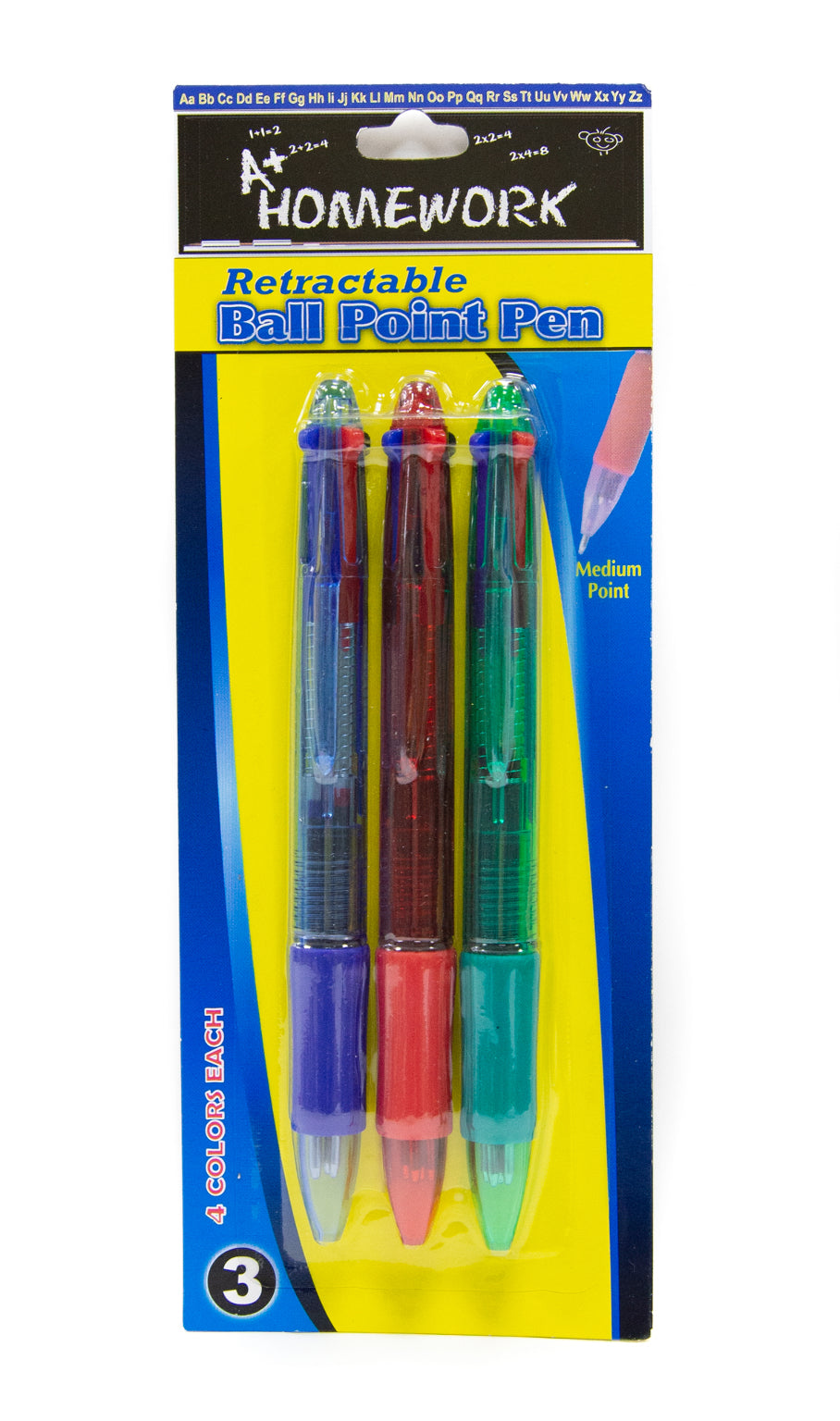 A+ Homework Ballpoint Pens - 3 Count, 4-in-1 Colors, Retractable